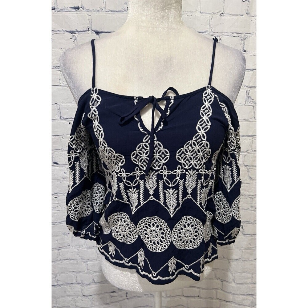 Aqua Top Women’s Blue Embroidered Cold Shoulder Balloon Sleeve Boho Festival S